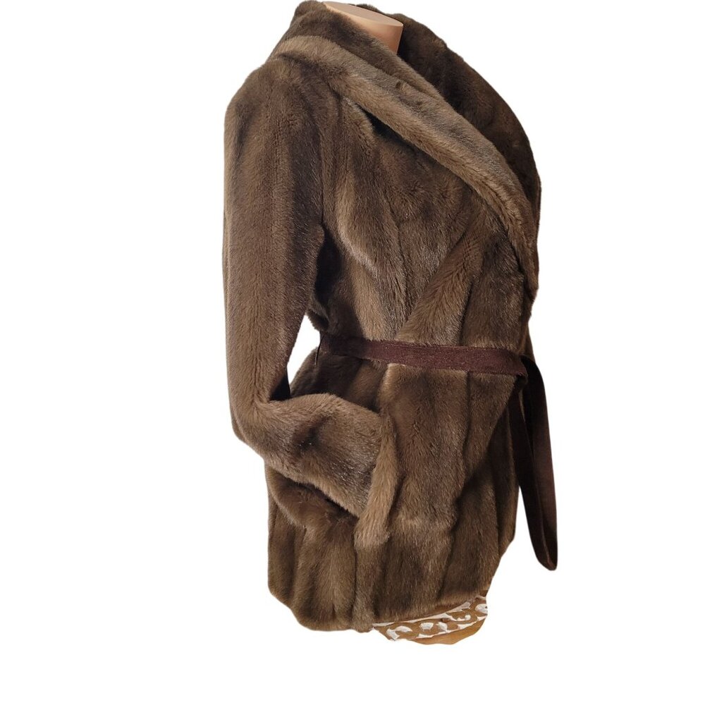 Luxurious Faux Fur & Leather Belted Coat Jacket Made In England - Picture 16 of 16
